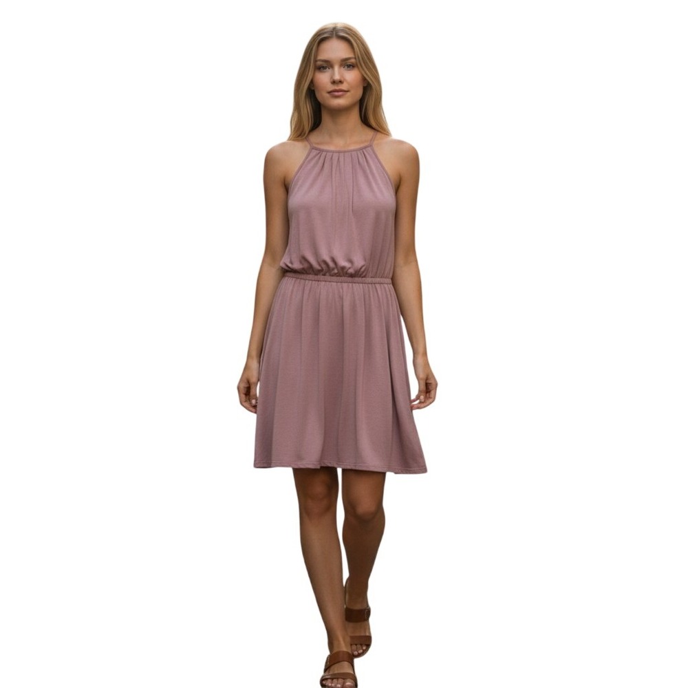 CHARMING CHARLIE Halter Dress Elastic Waist Keyhole Mauve Medium